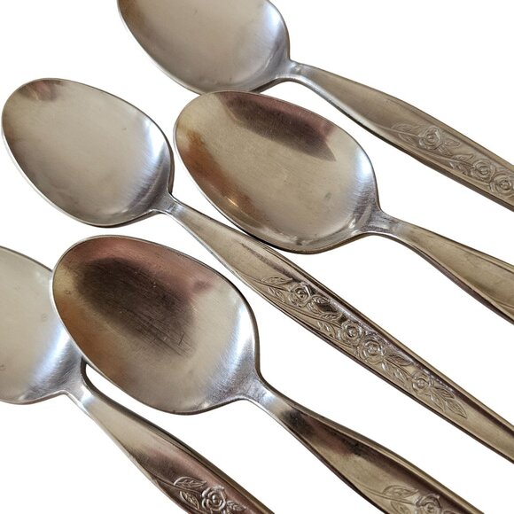 5 Elden Vintage Flower Soup Spoon stainless 7" Rose Midcentury Colonial EDL5 - Picture 2 of 6